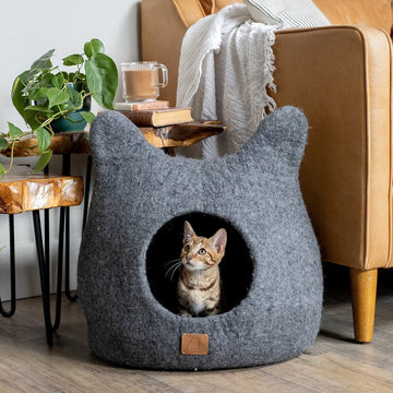 Whimsical Cat Ear Cave Bed - Felted Wool Hideout for Playful Kitties -