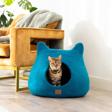 Whimsical Cat Ear Cave Bed - Felted Wool Hideout for Playful Kitties -