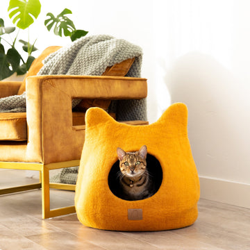 Whimsical Cat Ear Cave Bed - Felted Wool Hideout for Playful Kitties -