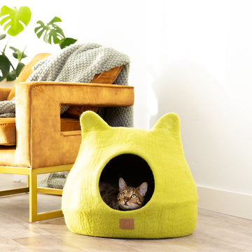 Whimsical Cat Ear Cave Bed - Felted Wool Hideout for Playful Kitties -