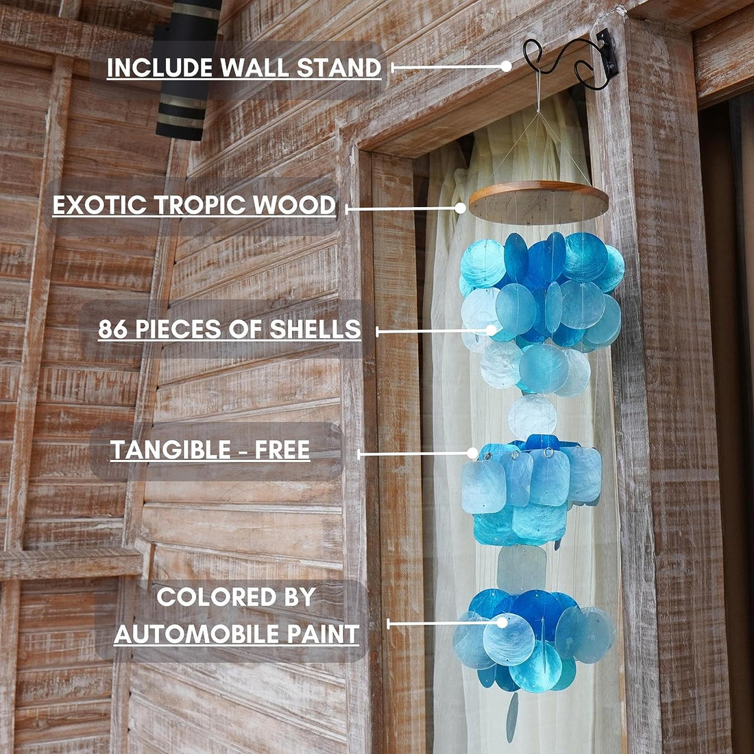 Blue Seashell Glass Wind Chimes 28" Comewith Wall Stand, Garden Decor