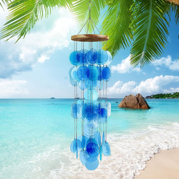 Blue Seashell Glass Wind Chimes 28" Comewith Wall Stand, Garden Decor