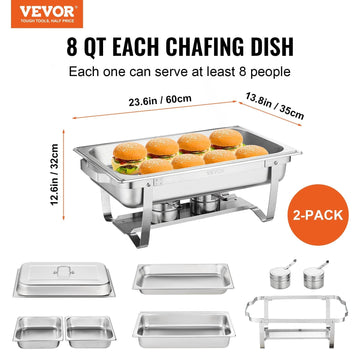 VEVOR 2-Pack Rectangle Chafing Dish Set 2 Full-Size 8Qt Pan 4