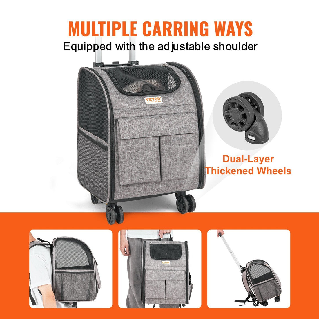 VEVOR Cat Carrier with Wheels, Rolling Pet Carrier with Telescopic